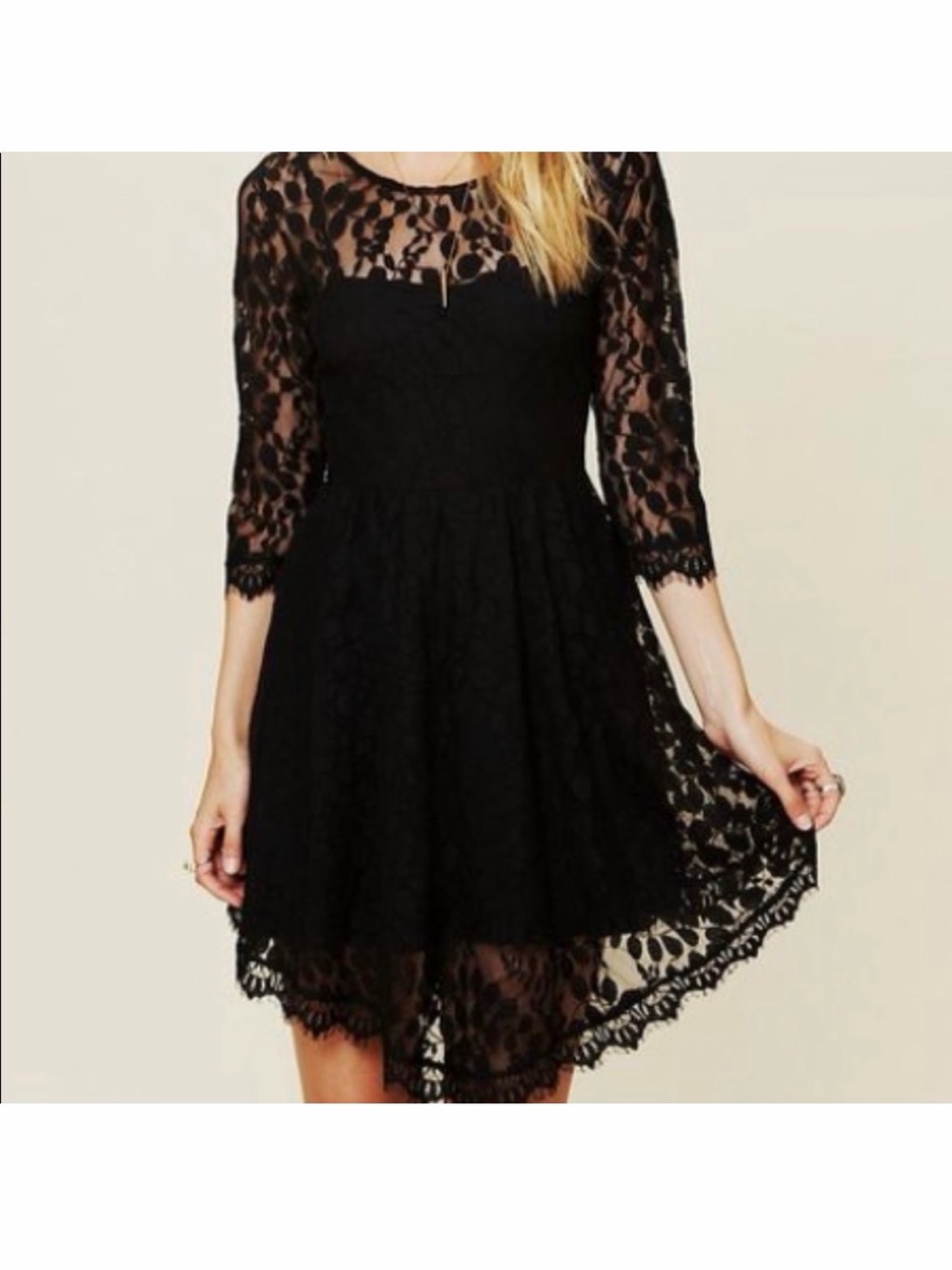 Free People Black Lace Fit & Flare Long-Sleeve Dress